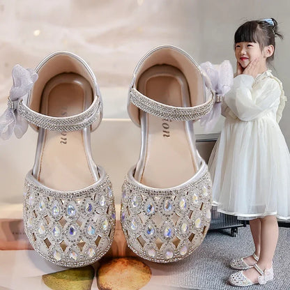 Girls Sandals Shiny Crystal Ins Trendy 2026 Summer New Kids Princess Shoes Mesh Lace Bows Girls Dance Shoes Elegant Hollowed-out