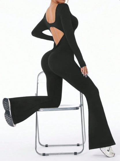 High quality solid color long sleeved compression exercise jumpsuit women's sportswear bell bottom pants sexy push up yoga set