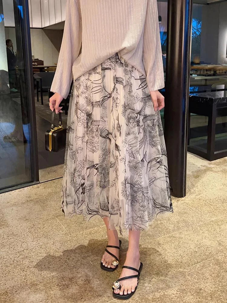 Women Flocking Flower Tulle Gauze Skirt Elegant Sweet Elastic Waist Midi Floral Mesh Skirt For All Season