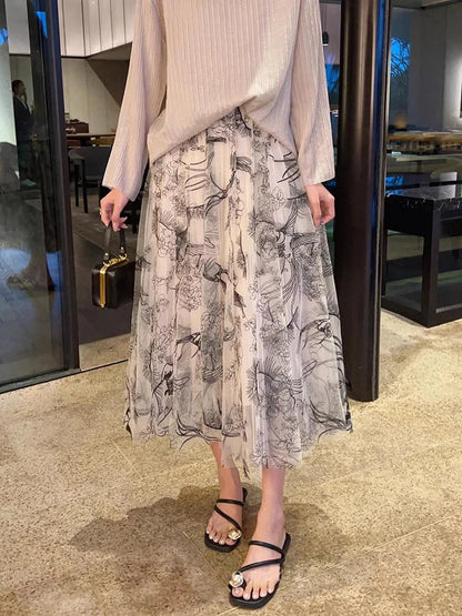 Women Flocking Flower Tulle Gauze Skirt Elegant Sweet Elastic Waist Midi Floral Mesh Skirt For All Season