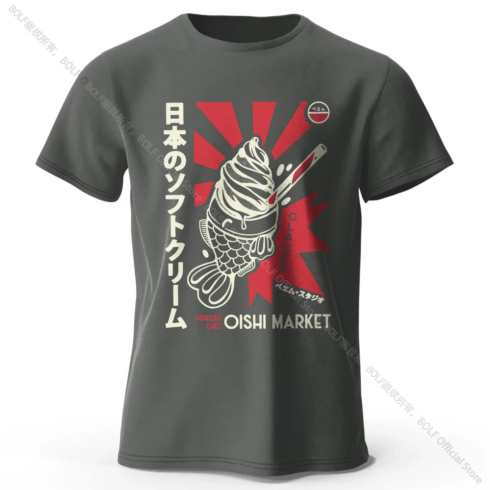 Japanese Foodie Print 100% Cotton T-Shirt, Soft & Breathable Round Neck Short Sleeve Tee, Unisex Cute & Cultural Style
