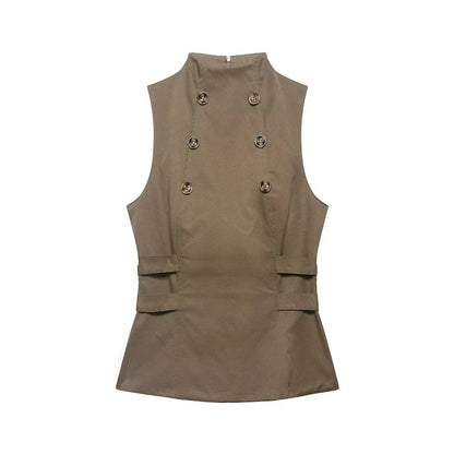 Women's two-tone double-breasted high-neck sleeveless top, waist-cinching slim-fit high-street casual women's vest, 2026 new