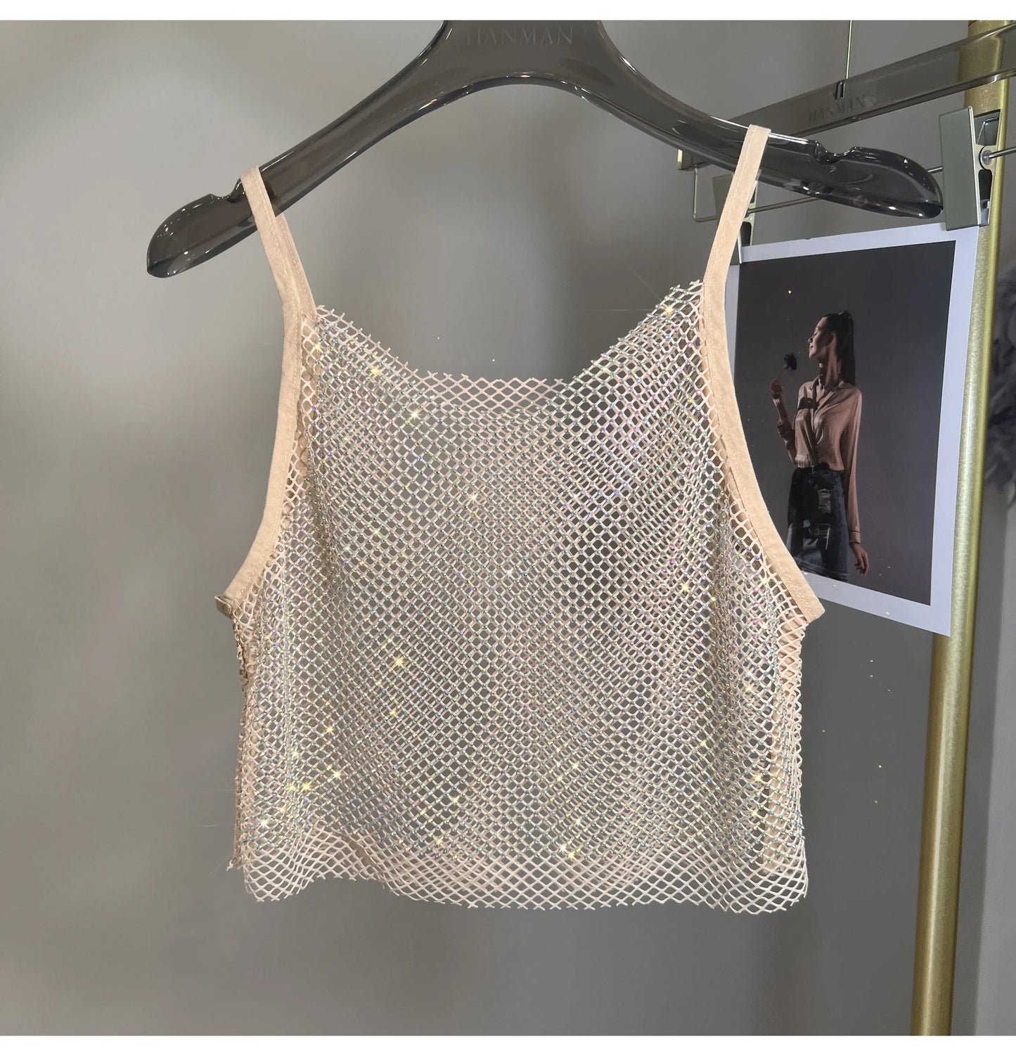 Summer New Mesh Diamond Crystal Short Halter Top AB Color Diamond Sexy Inner Shining Waistless Tops