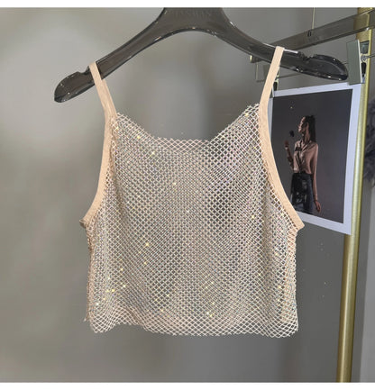 Summer New Mesh Diamond Crystal Short Halter Top AB Color Diamond Sexy Inner Shining Waistless Tops