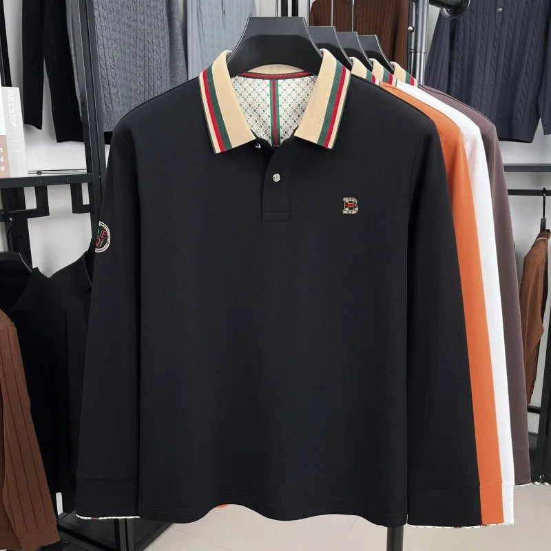 Luxury advanced  brand men long sleeve polo shirt unique stripe color blocked lapel fashion letter embroidery casual new T-shirt