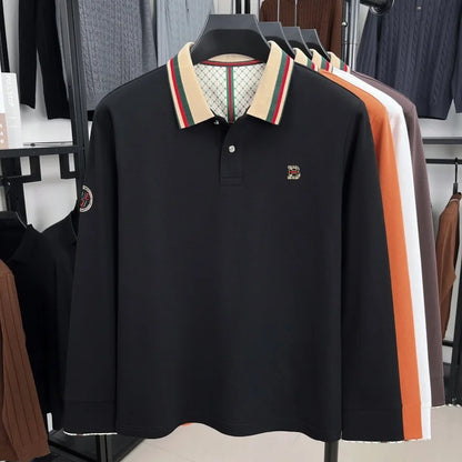 Luxury advanced  brand men long sleeve polo shirt unique stripe color blocked lapel fashion letter embroidery casual new T-shirt
