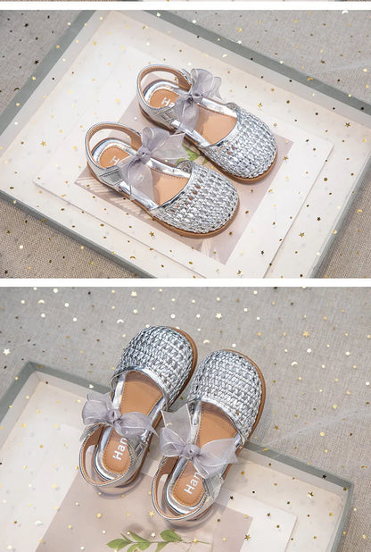 Children's Sandals Summer New Elegant Girls Princess Shoes Woven Style Beach Causal Kids Flat Sandals Solid Color Versatile