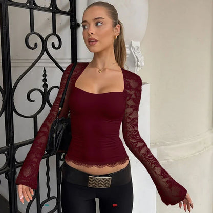 Hugcitar Moda Feminina Gola Quadrada Patchwork Renda Estampa Floral Manga Longa Blusa Curta Sexy Roupa Transparente Verão Festa Balada