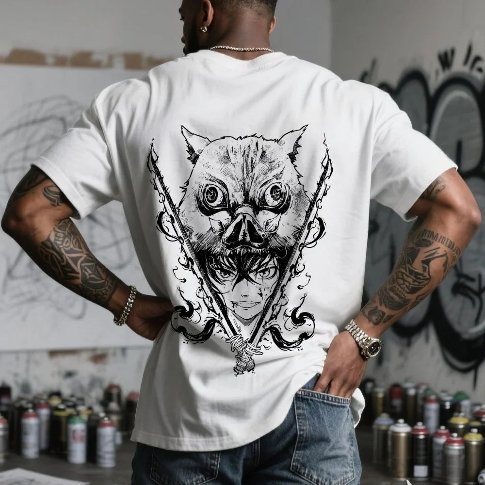 Demon Slayer Men's T-shirt Inosuke Hashibira Japan Anime Summer Boy Spring and Autumn Children's Short Sleeves Parent-Child Wear