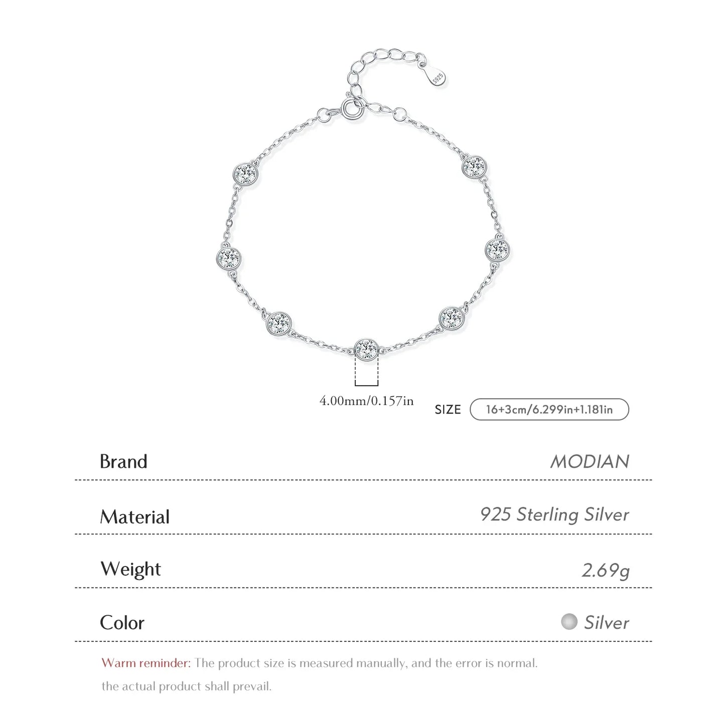 925 Sterling Silver Bezel Round Sparkling Clear Cubic Zirconia Stackable Charm Fashion Bracelet For Women Fine Jewelry