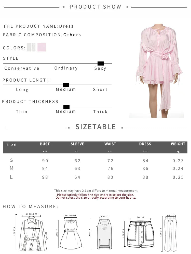 Elegant 3D Flower Decoration Dress Women Y2K Sweet Style Flare Sleeve Ruched Ribbon Vacation Fashion Summer Mini Bodycon
