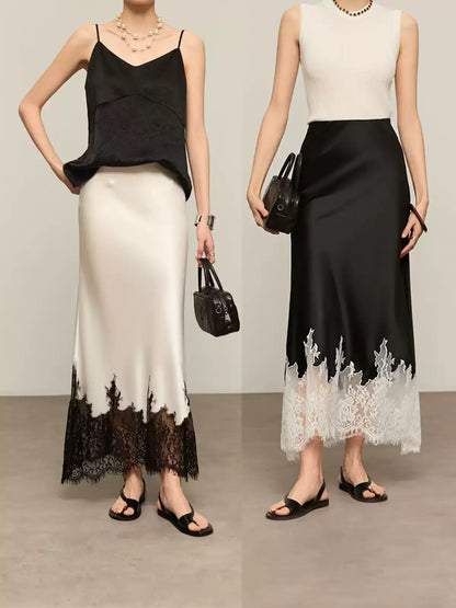 Fairy Elegant Lace Trim Satin Skirt Women High Waist Wrapped Hip Slim Midi Lace Hem Skirt Office Summer Daily Chic Lady Clothes