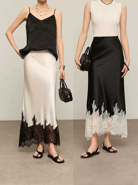 Fairy Elegant Lace Trim Satin Skirt Women High Waist Wrapped Hip Slim Midi Lace Hem Skirt Office Summer Daily Chic Lady Clothes