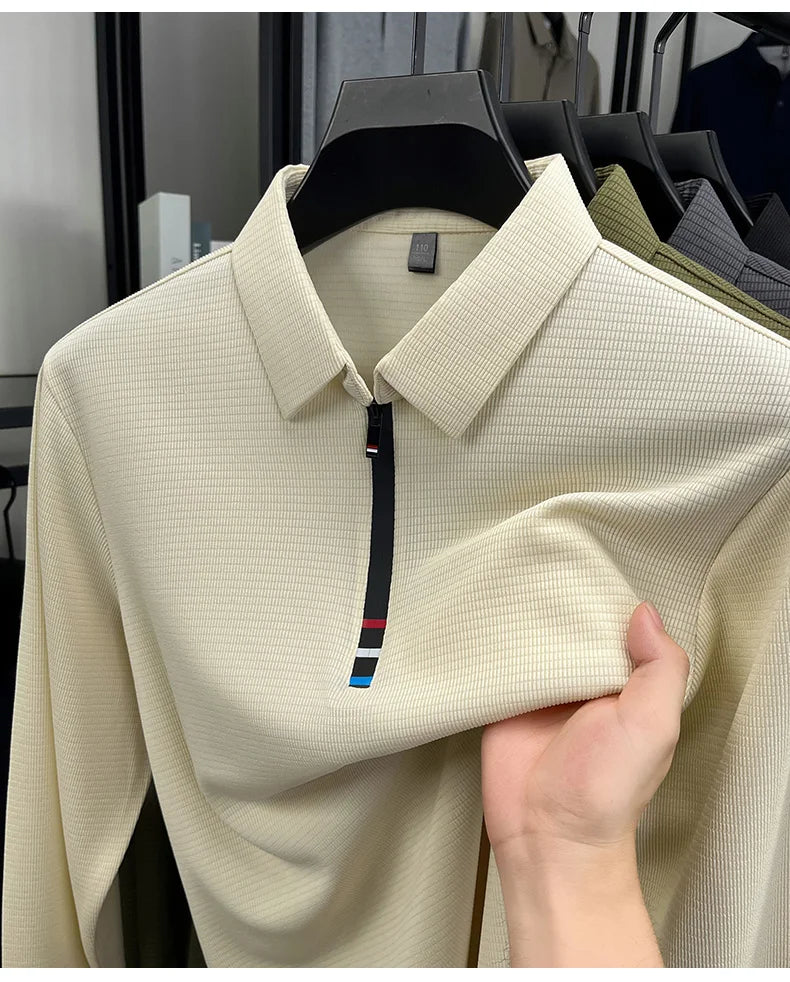 Light luxury half zipper men long sleeve polo shirt high-quality unique checkered printed Korean style trend new casual T-shirt