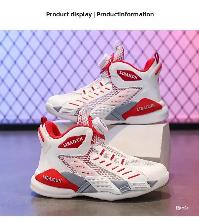 Kids Sneakers Basketball Shoes Boys Spring Fashion Rotating Button Anti-slip Shock Absorption School Students Sports Shoes
