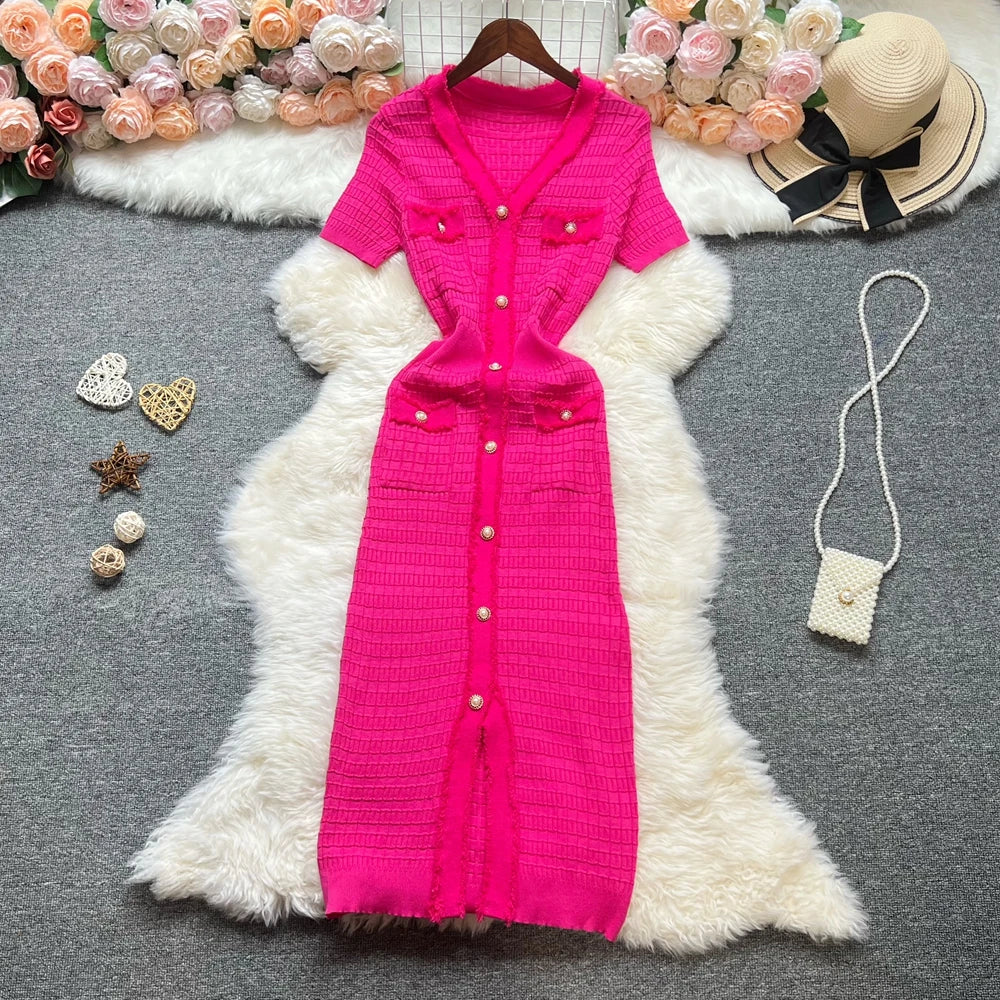 Fashion Sexy Package Hips Knitted Dress Women V-neck Single-breasted Bodycon Sweater Dress Office Lady Vestidos