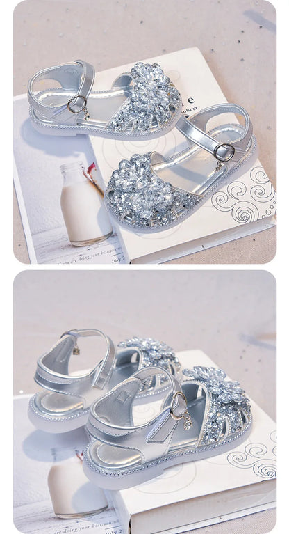 Girls Crystal Slip-On Shoes Soft Bottom Rhinestone Princess Flats Spring Autumn New Style Kids Lightweight Sweet Leather Shoes