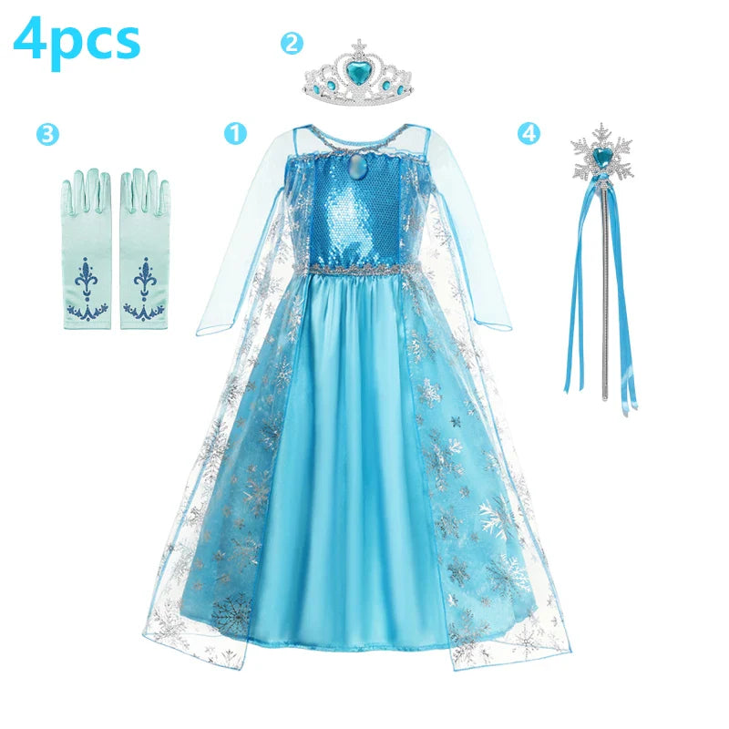 Elsa Dress Cosplay Princess Dress Light Blue Long Sleeve Sequin Children Dresses Carnival Party Evening Dress Dress For Girls