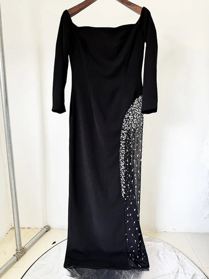 Designer Vestido Women's Diamonds Beaded Slash Neck Off The Shoulders Patchwork Gauze Long Maxi Dress
