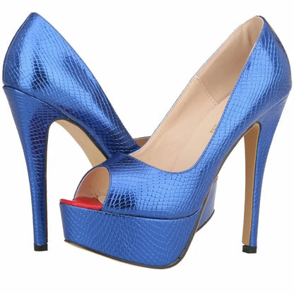 Women Sandals Sexy Pumps Patent Leather Platform Crocodile Pattern 14cm High Heels Peep Toe Stilettos Party Dress Wedding Shoes