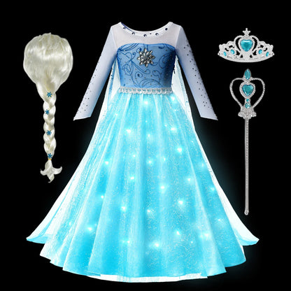 Elsa Rainha da Neve Princesa Meninas Vestido LED Roupa de Carnaval de Halloween Festa Crianças Cosplay Fantasia Infantil