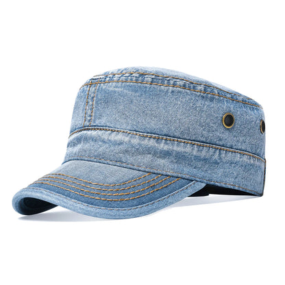 Denim Army Cap Men Washed Cotton Bucket Hat Spring Fall Headpiece Flat Top Adjustable Peaked Visor Hats Trucker Hats
