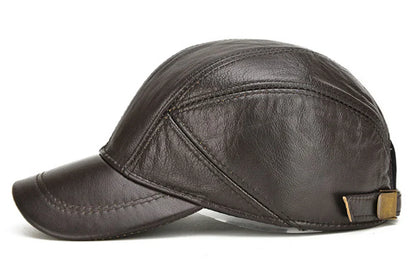 Casual Real Leather Earflap Cap Men's Real Cowhide Leather Caps Male Fall Winter Genuine Real Cow Leather Baseball Hats