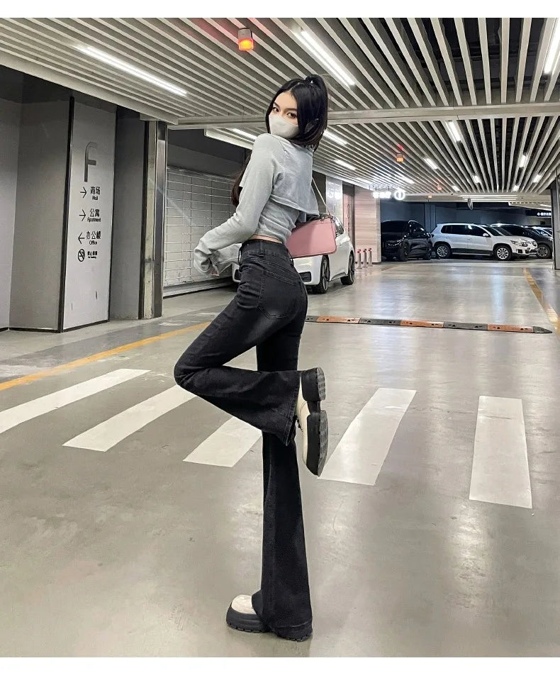 Autumn Winter American Sle High Waist Slim Fit Drapey Micro Flared Jeans Women's Premium Denim Pants