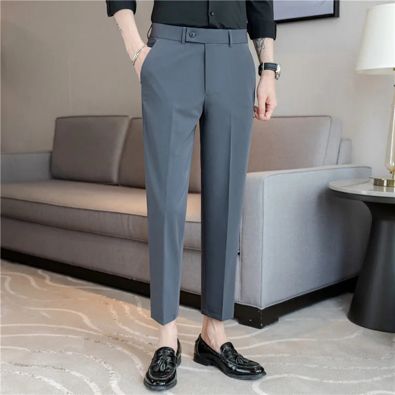 Stretch Solid Color Men's Trousers, Suitable for Business Casual, Parties, Formal Events, and Ankle-length Slim Pants.28-40