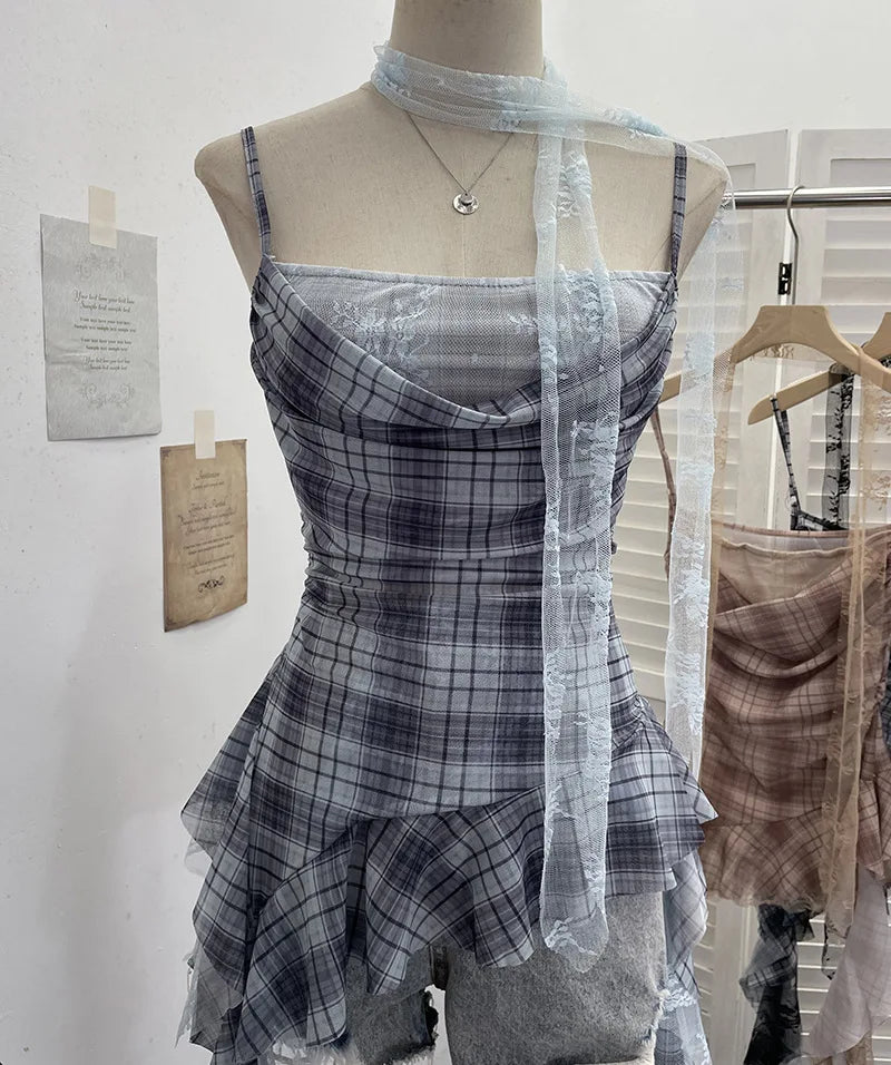 Y2K Plaid Camisole for Women Summer Casual Lace Scarf Breathable Stretch Mesh Patchwork Asymmetrical Ruffle Slim Tops
