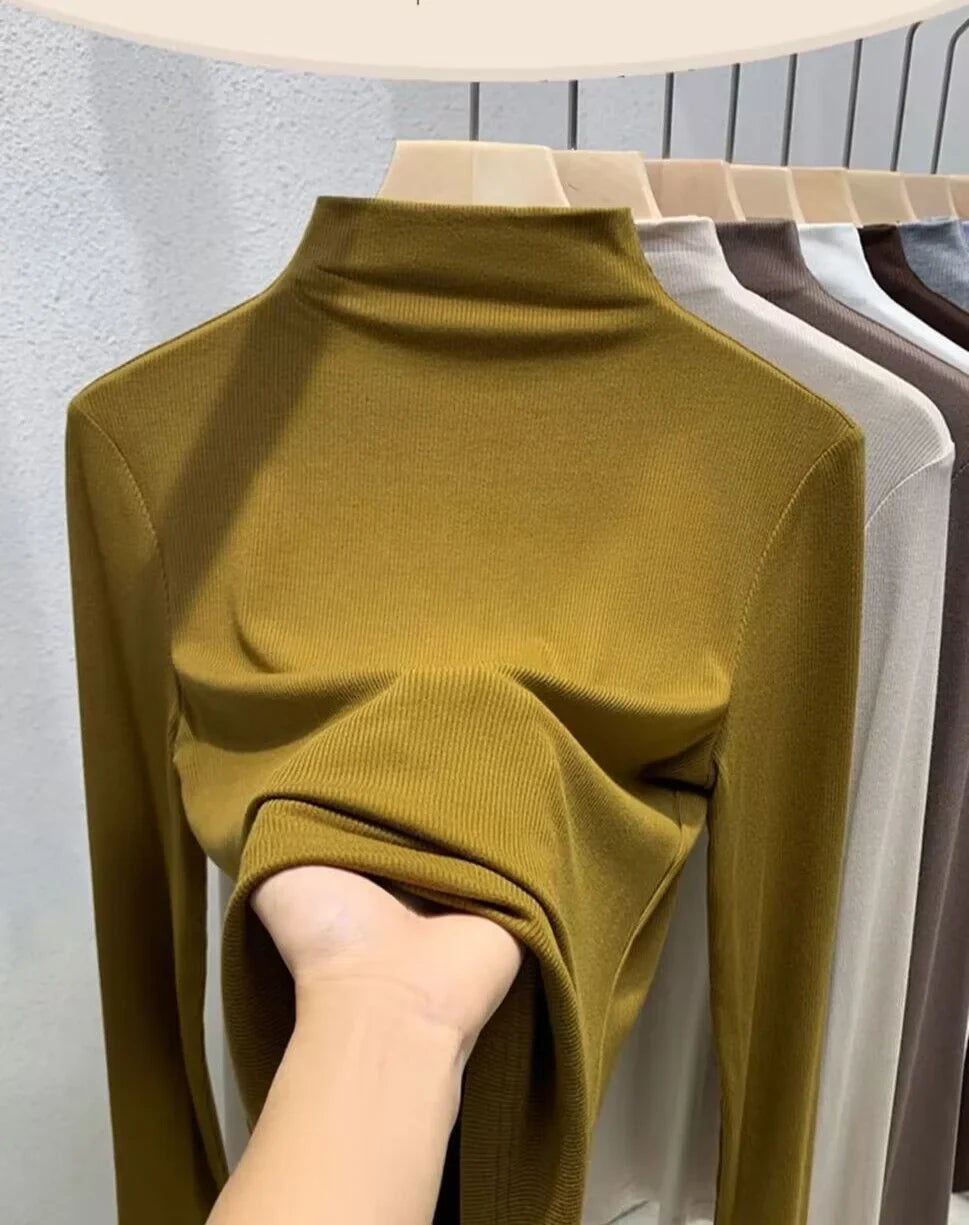 Women's Elastic Half High Collar T-Shirt Solid Ribbed Tops Long Sleeve Tight Bottom Basic Shirt Casual Clothing Autumn