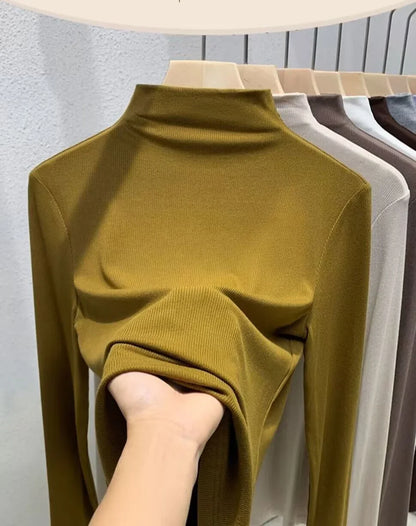 Women's Elastic Half High Collar T-Shirt Solid Ribbed Tops Long Sleeve Tight Bottom Basic Shirt Casual Clothing Autumn