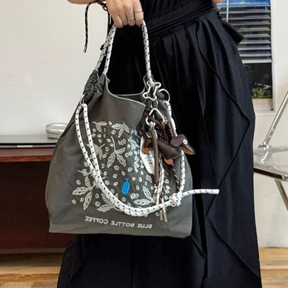 Ladies' tote bag, new nylon embroidered shopping bag, large-capacity single-shoulder bag, hand-held bag, casual style, lightweig