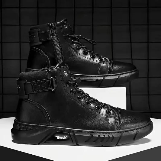 1 Pair Men's High-Top Motorcycle Boots, Band, Black Solid Color for All Seasons Outdoor Sports Casual Wear - Large Size Ver