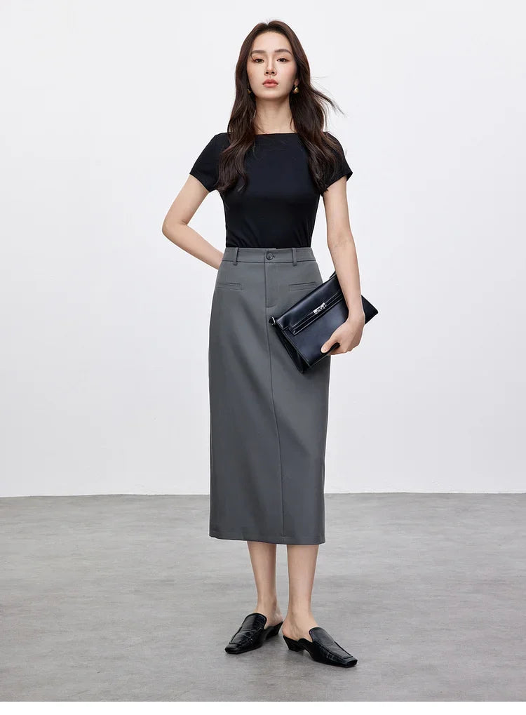 Retro Straight Tube Midi Skirt For Women Spring 2026 Preppy Style High Waist Slimming Split Mid Length Skirt 151Q59211
