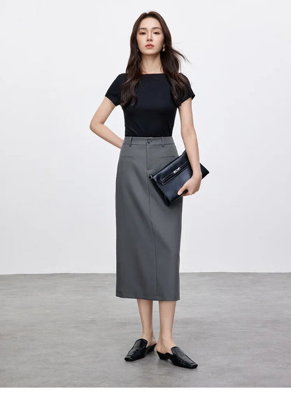 Retro Straight Tube Midi Skirt For Women Spring 2026 Preppy Style High Waist Slimming Split Mid Length Skirt 151Q59211