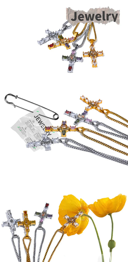 Delicate Colorful Bling Cubic Zirconia Cross Pendant Stainless Steel Luxury Necklace High-Grade Fashion Shiny Jewelry Gift