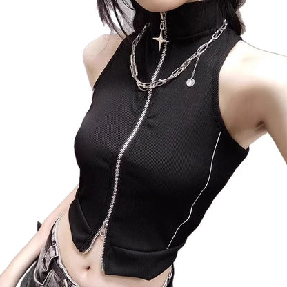 Gothic Style Stitching High Street Style Hot Girl Spaghetti Straps Sleeveless Cardigan Vest Slimming Slim Fit Top for Women INS