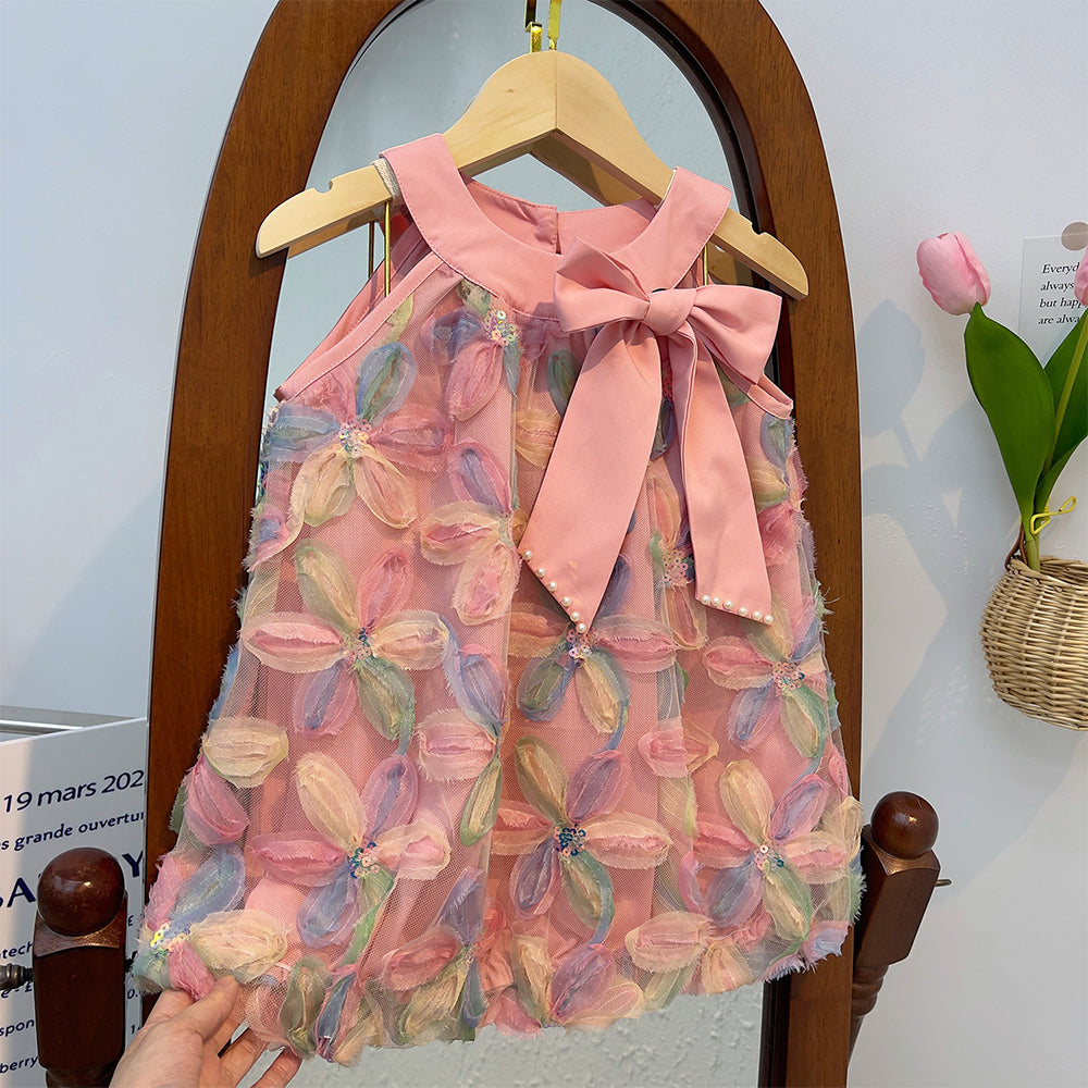 Girl Dress 2025 Summer New Girl Dress Princess Dress Little Girl Fashion Colorful Flower Yarn Dresses Kid Clothes