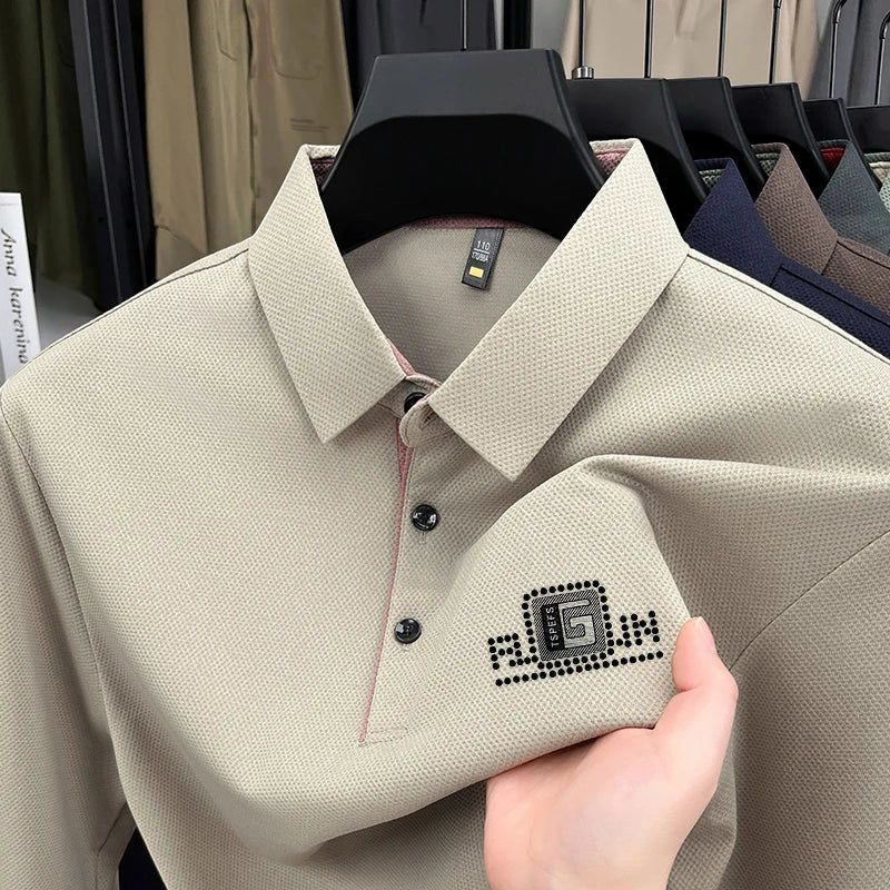 High End Brand Quality Men's Polo Shirt Autumn Exquisite Solid Color Letter Print Lapel Long Sleeve Business Classic Menswear