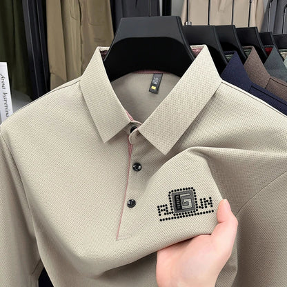 High End Brand Quality Men's Polo Shirt Autumn Exquisite Solid Color Letter Print Lapel Long Sleeve Business Classic Menswear