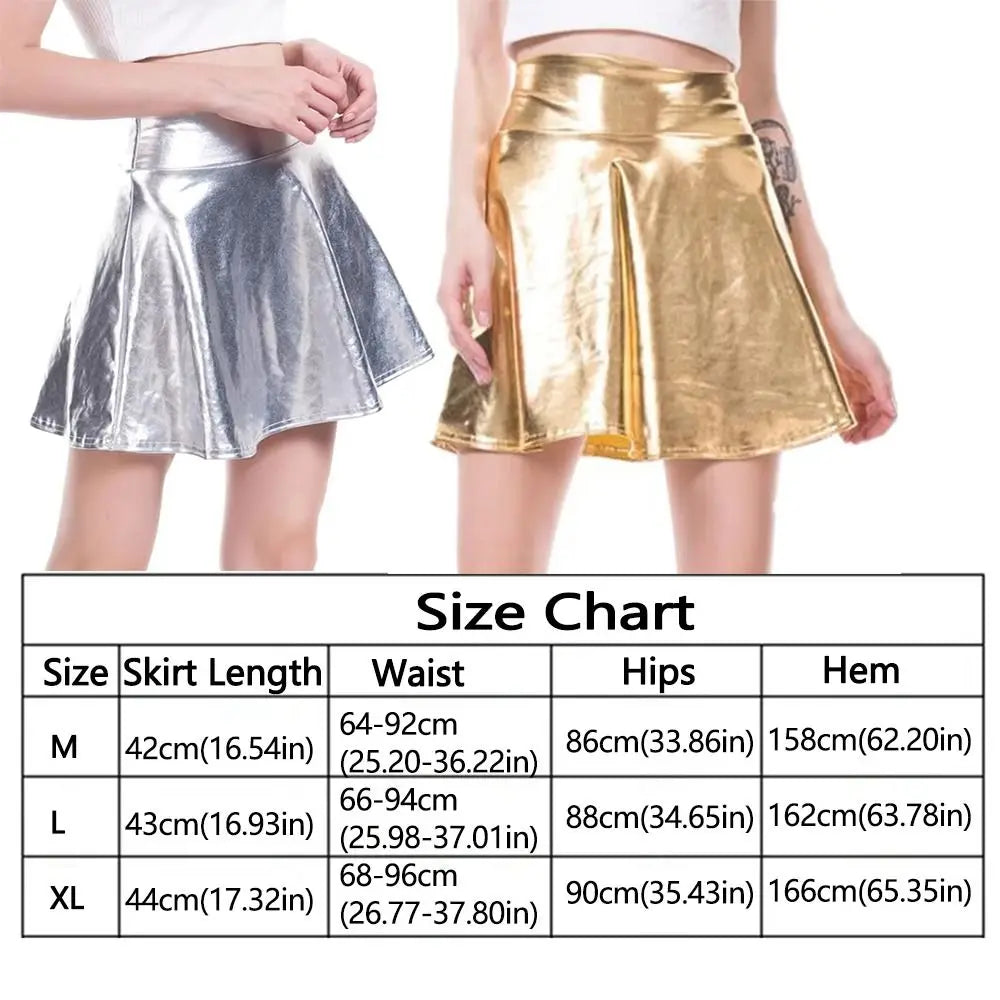 Elegant Metallic Pleated Skirt Gold Silver Flared Design A-line Short Skirt Retro Solid Color Girls Short Mini Skirt Clubwear