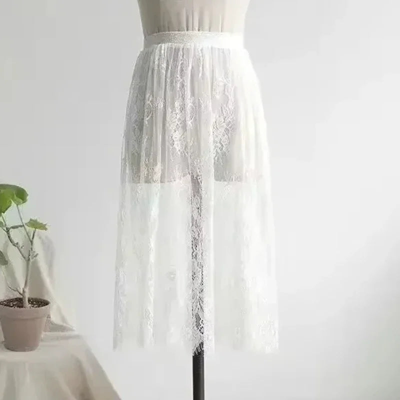 Transparent Sexy Lace Mesh Skirt Elastic High Waist Black White Tulle Mini Skirts Womens Skirt Korean Fashion Women's Skirt