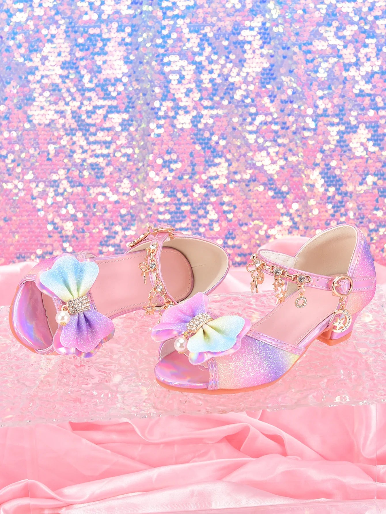 Girls' Fashion Rainbow Glitter High Heel Shoes, Children Dress Up Pageant Runway Performance Party Sandals