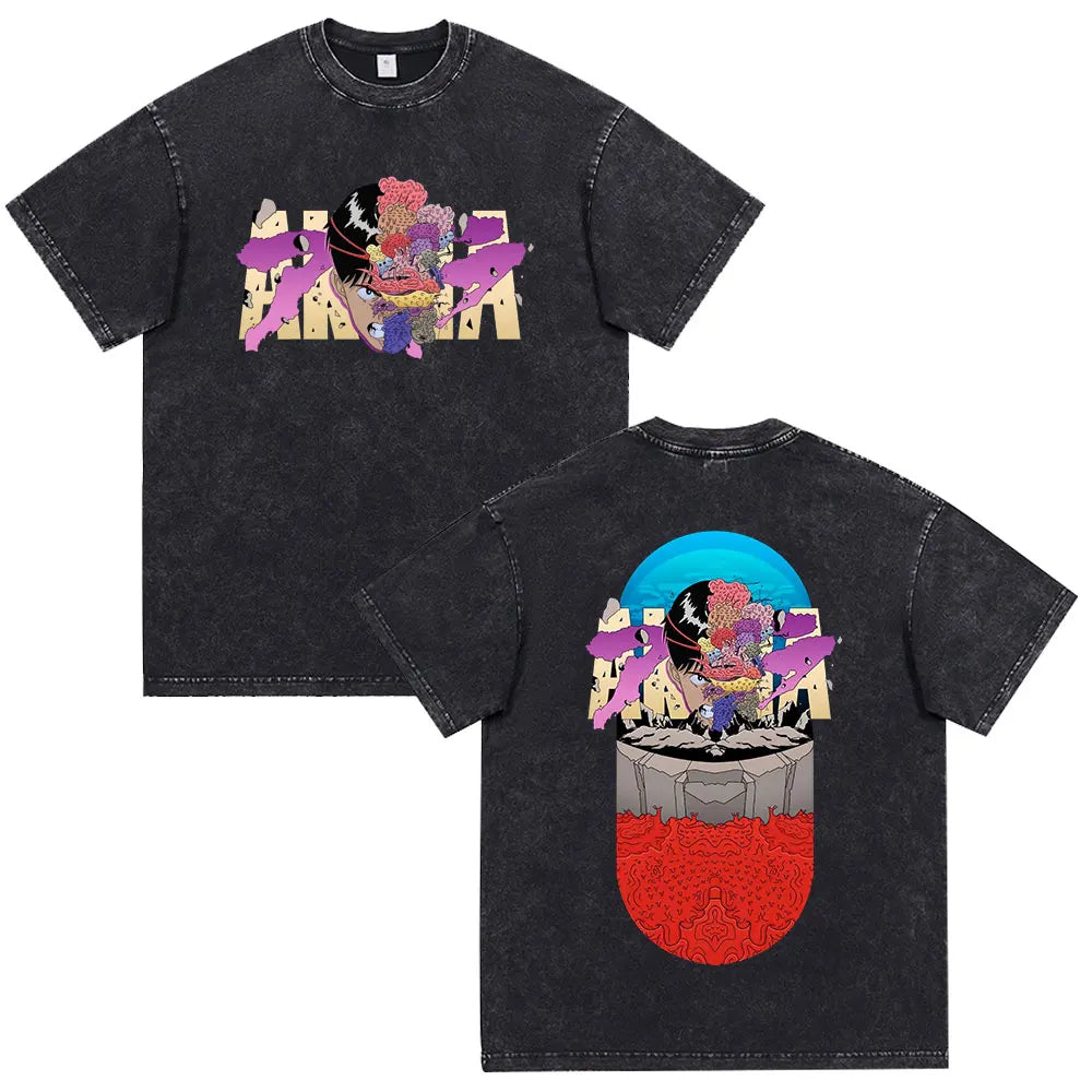 Japanese Anime Akira Washed Vintage T Shirt Science Fiction Cartoon Movie Shotaro Kaneda T-shirt Men Women Cotton Casual T-shirt
