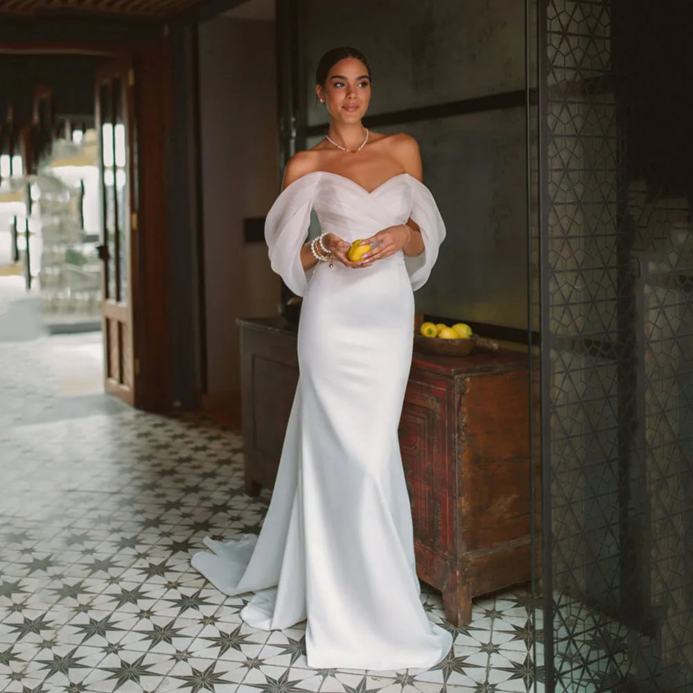 Summer Wedding Party Dresses Off The Shoulder Pleats Bridal Dress Mermaid Satin Women Bride Gowns Customized