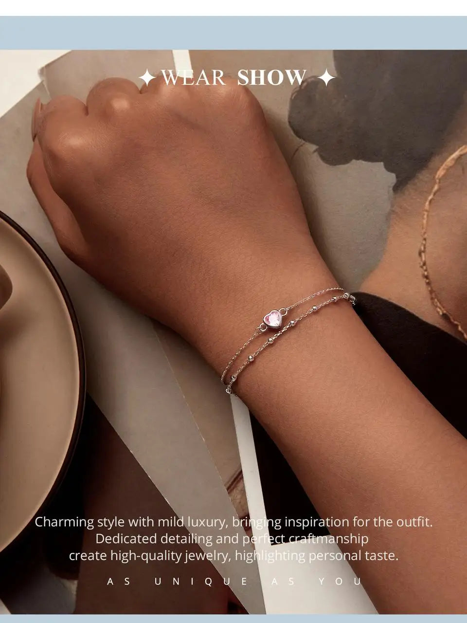 925 Sterling Silver Double Layer Bracelet Pink Heart Adjustable Round Beads Chain Link for Women Valentine's Day Gift
