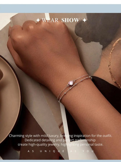 925 Sterling Silver Double Layer Bracelet Pink Heart Adjustable Round Beads Chain Link for Women Valentine's Day Gift