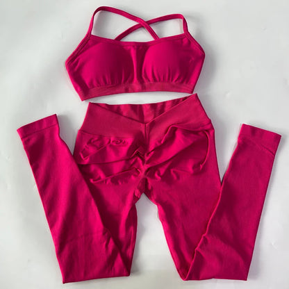2 Pieces Gym Set For Women Clothes Seamless Scrunch Yoga Leggings Set Backless Sports Bra Fitness Workout Top Yoga Set Outfits