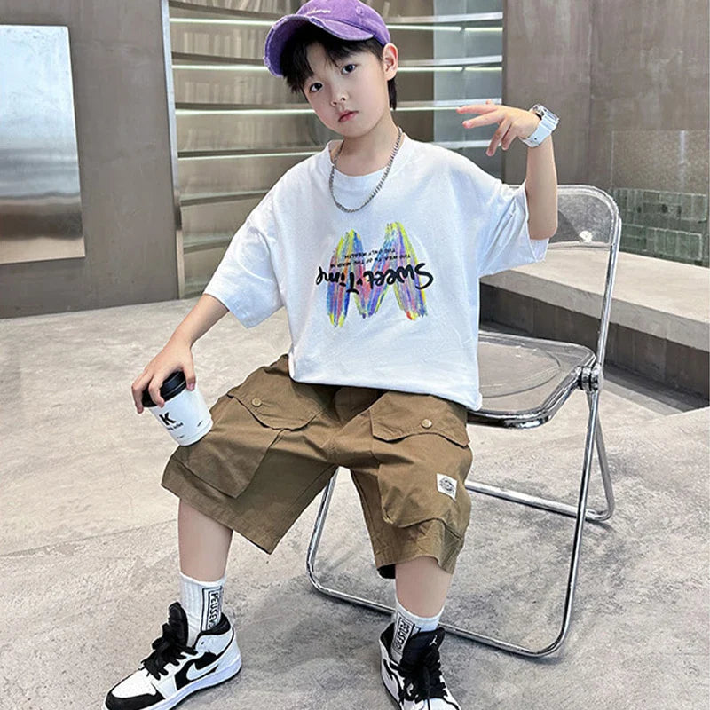 Summer Boys Clothing Set Fashion Short Sleeve Letter T-shirt Shorts 2Pcs For 4-12 Years Kids Tracksuits Teenager Casual Outfits